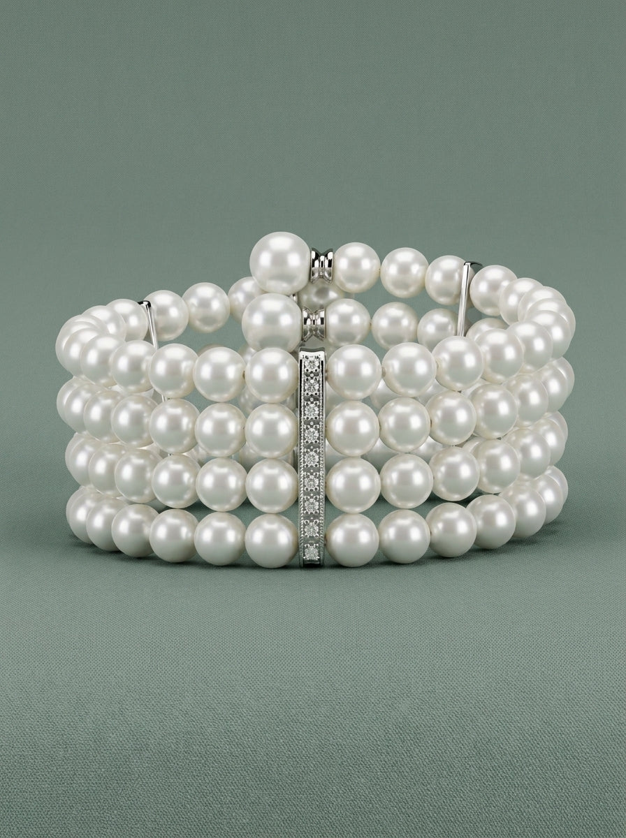 White pearl cuff bracelet with silver and cubic zirconia details