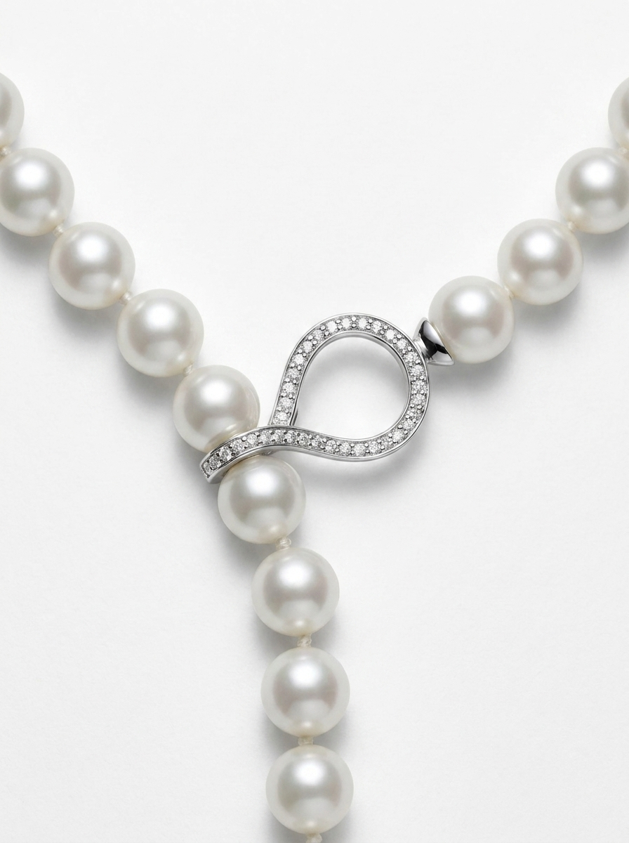 Detalle centro de collar de perlas con adorno de plata de ley cubierto de circonitas