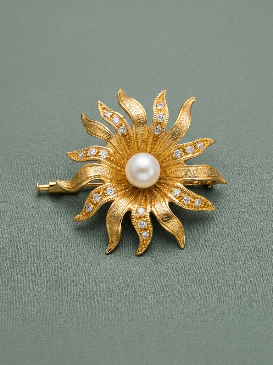 Gold-tone flower-shaped brooch with a pearl