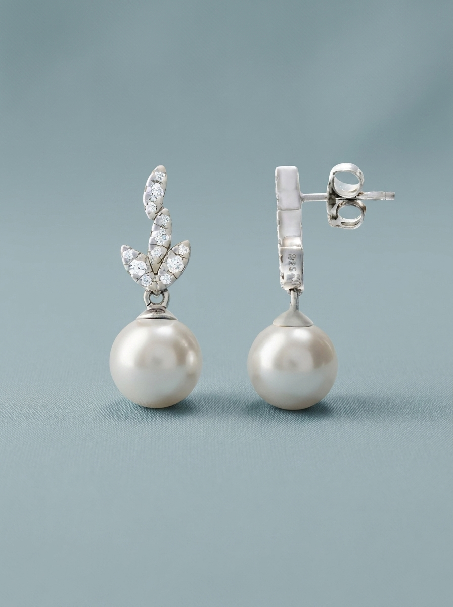 pendientes plata, circonitas y perla colgante