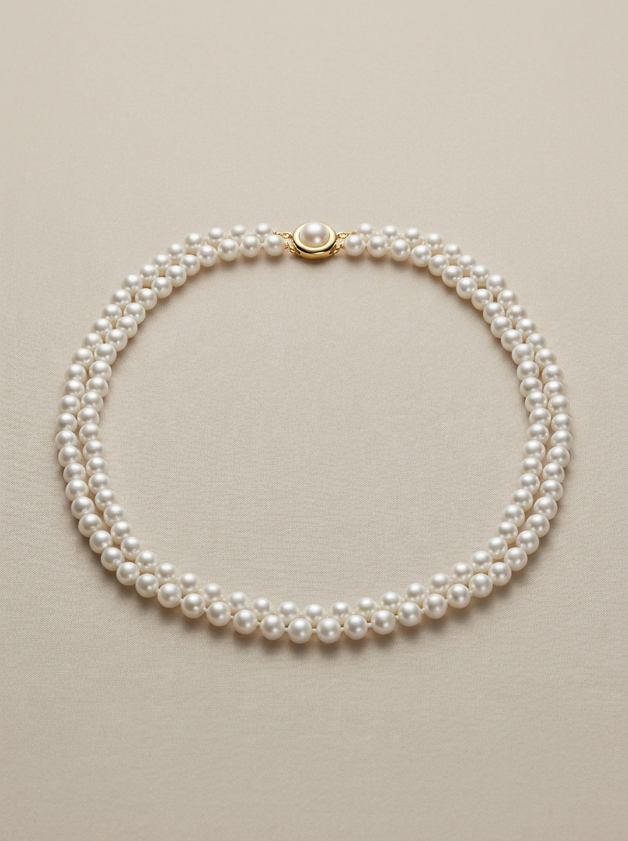 Two-strand white pearl necklace with a gold-tone clasp