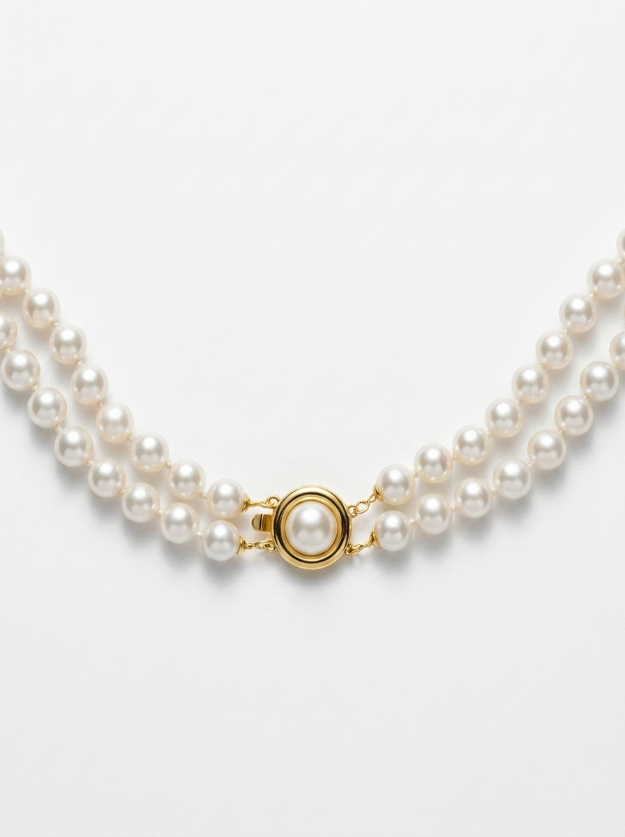 Close-up of a pearl necklace with a gold clasp