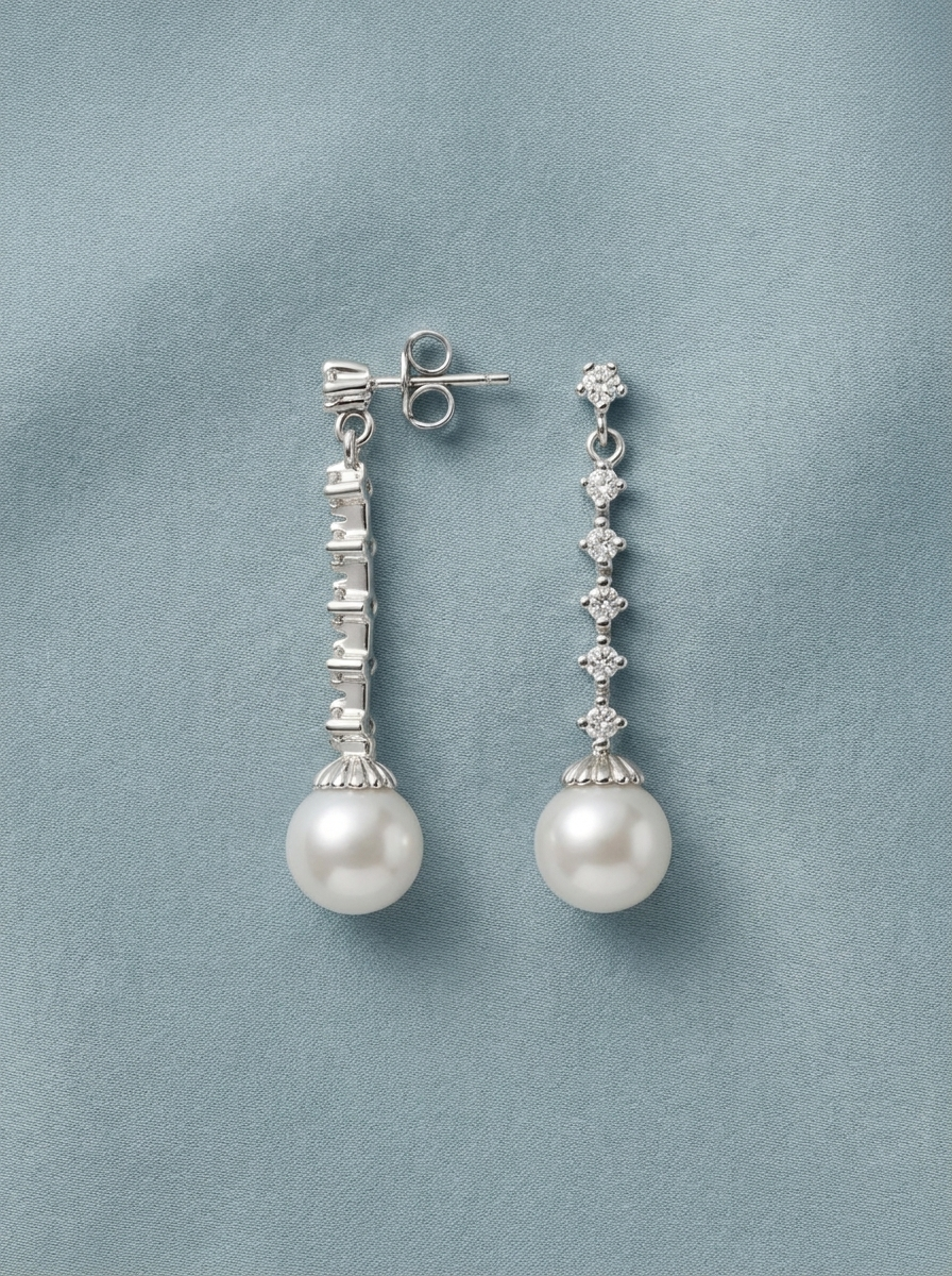 Drop earrings with cubic zirconia and pearls on a blue background