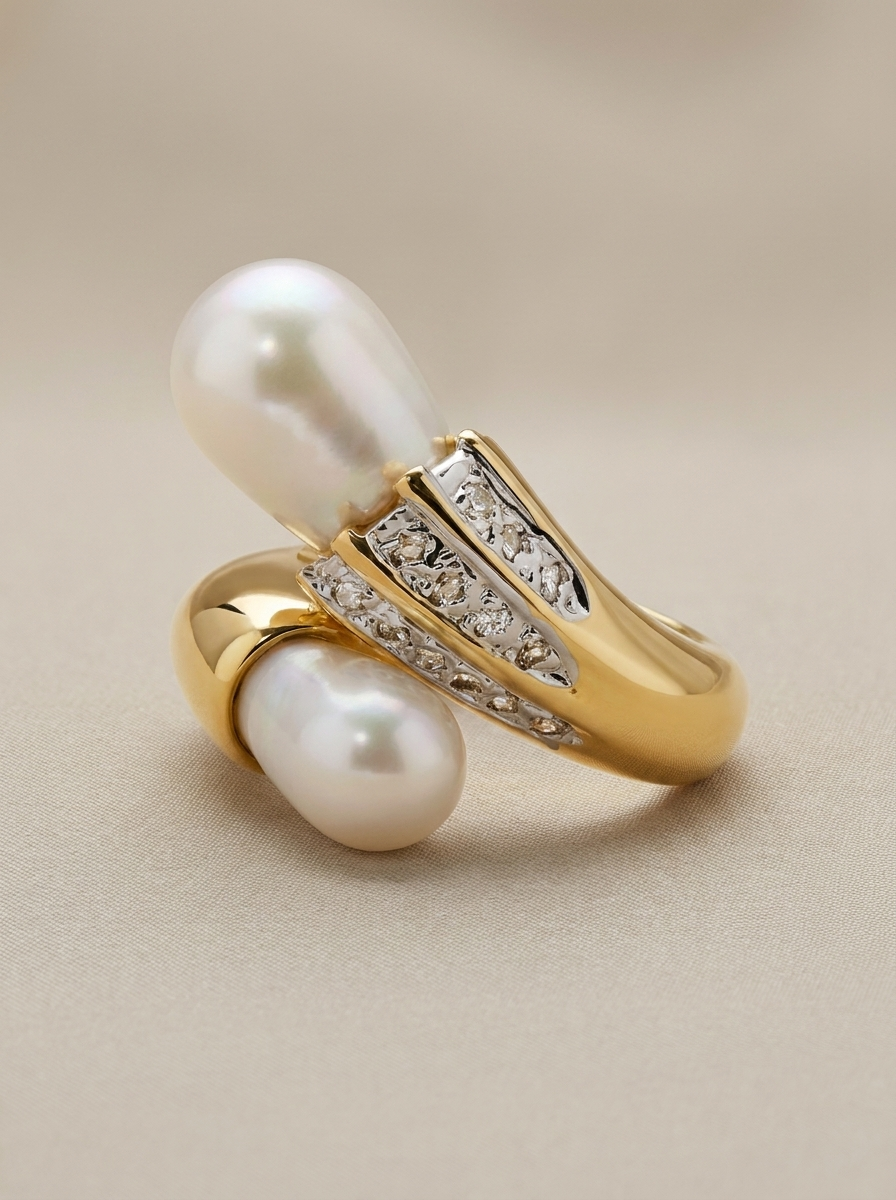 anillo de circonitas y perla de Mallorca con estructura de baño de oro