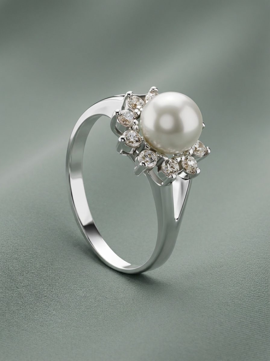 Flower-shaped pearl and cubic zirconia ring