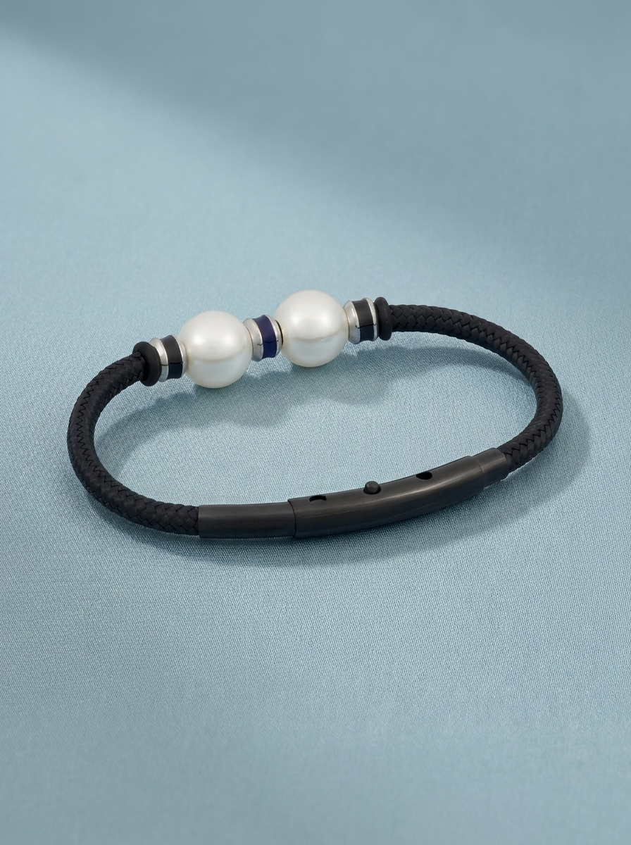 Black nautical cord bracelet with white pearls