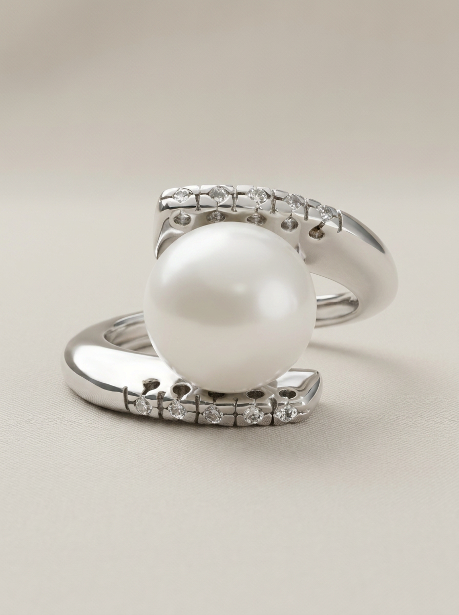 Close-up of a pearl ring with cubic zirconia