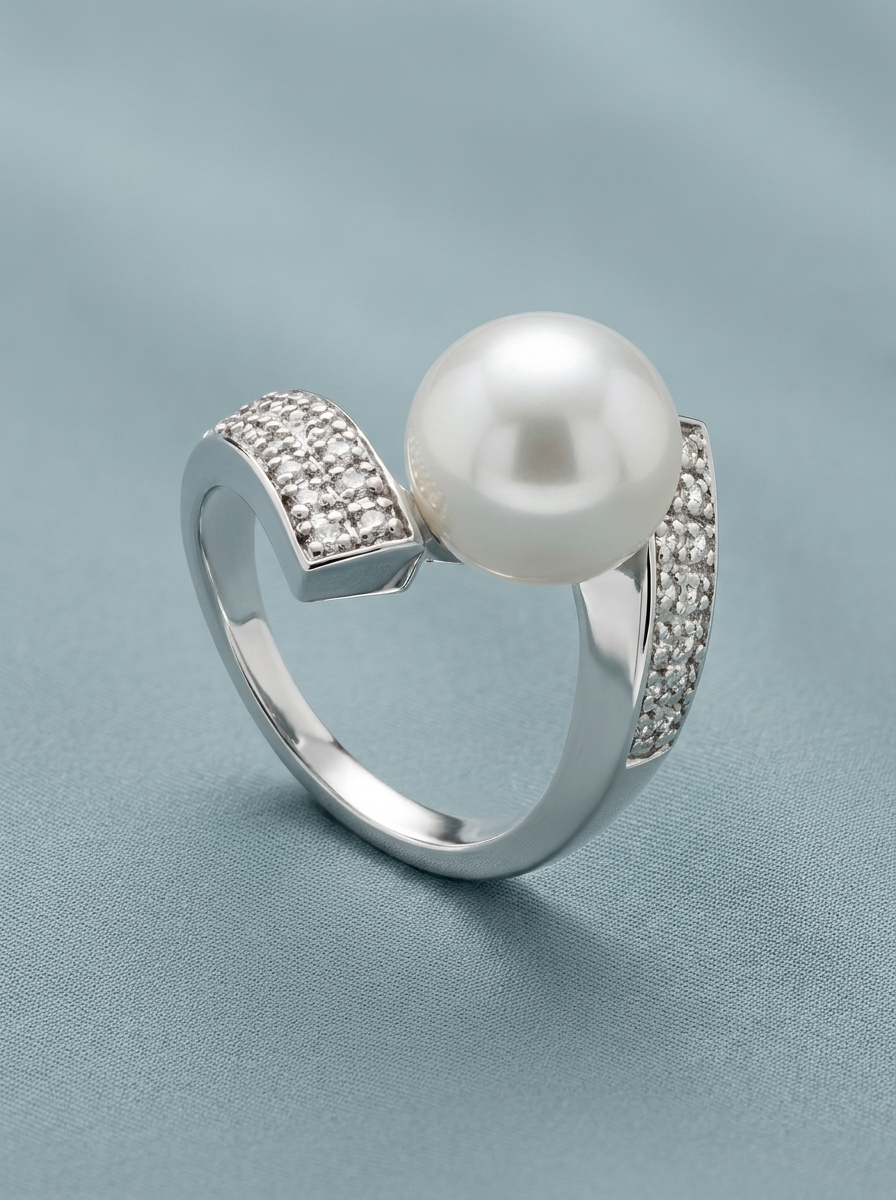 anillo de circonitas con perla blanca grande
