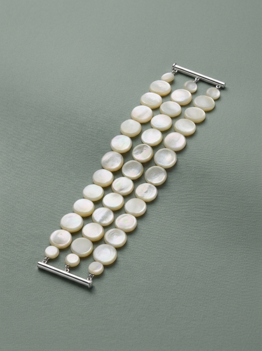 Model wearing a flat pearl bracelet