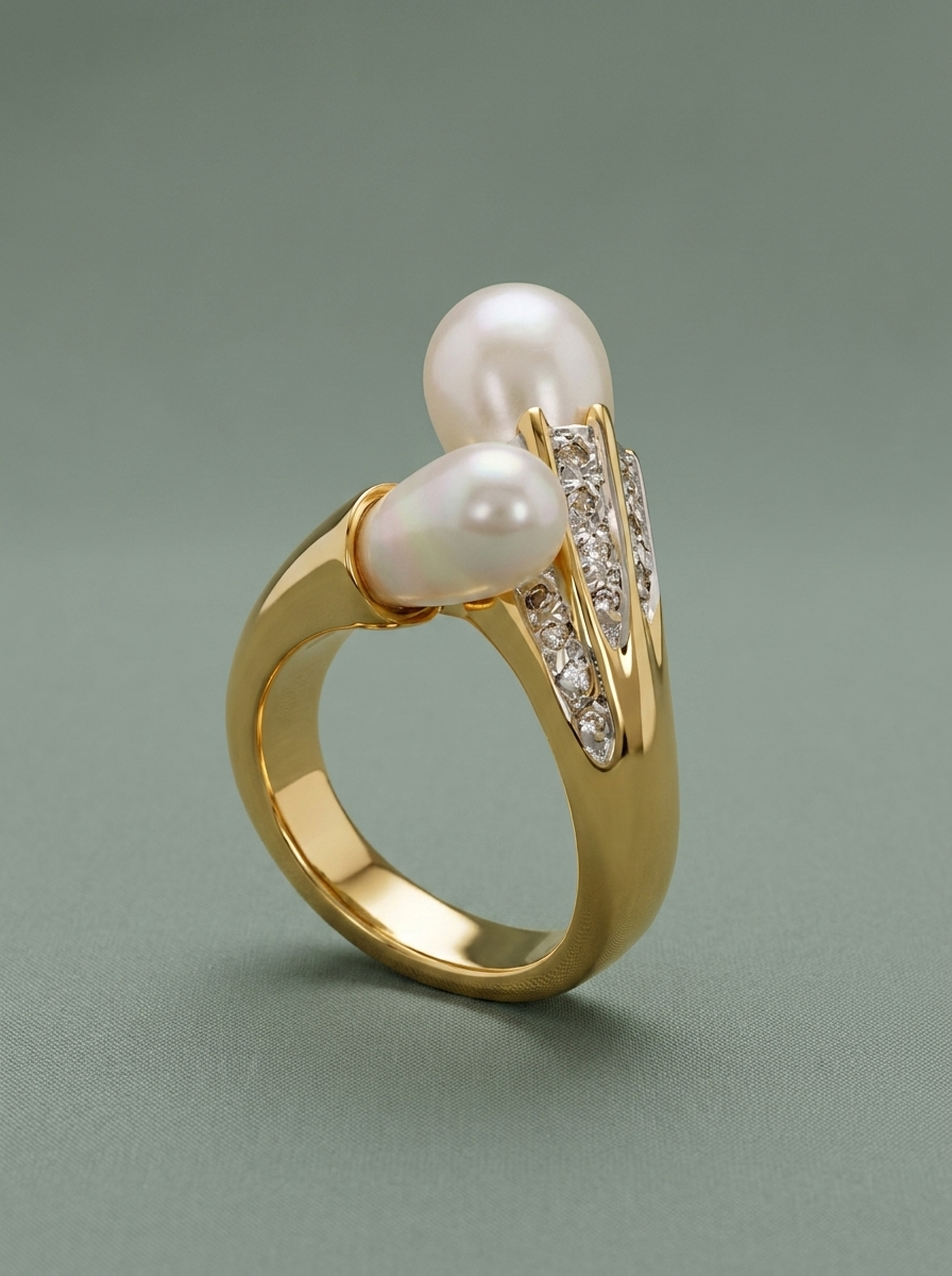 anillo con baño de oro con circonitas y perlas a los extremos
