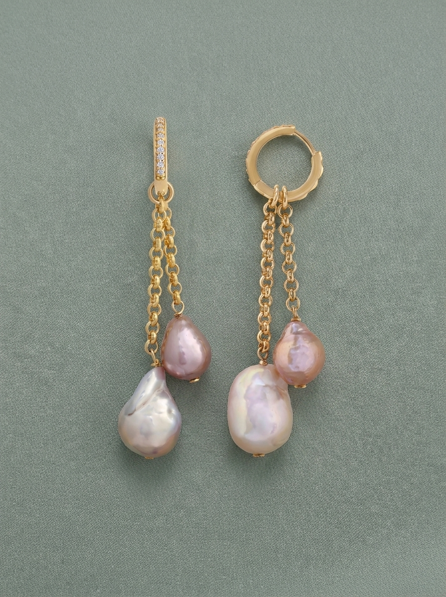 Pendientes largos chapado con perla cultivada rosa