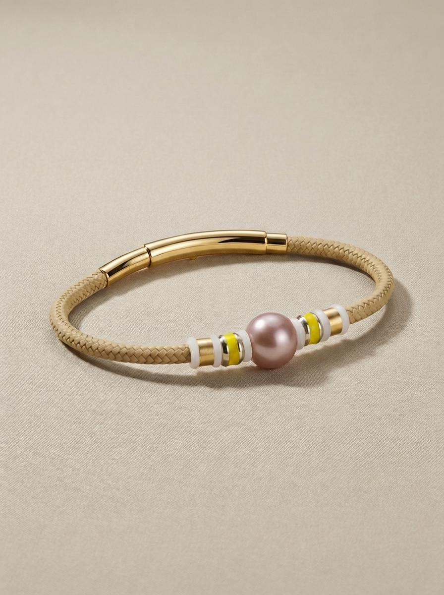 Beige nautical cord bracelet with a copper pearl
