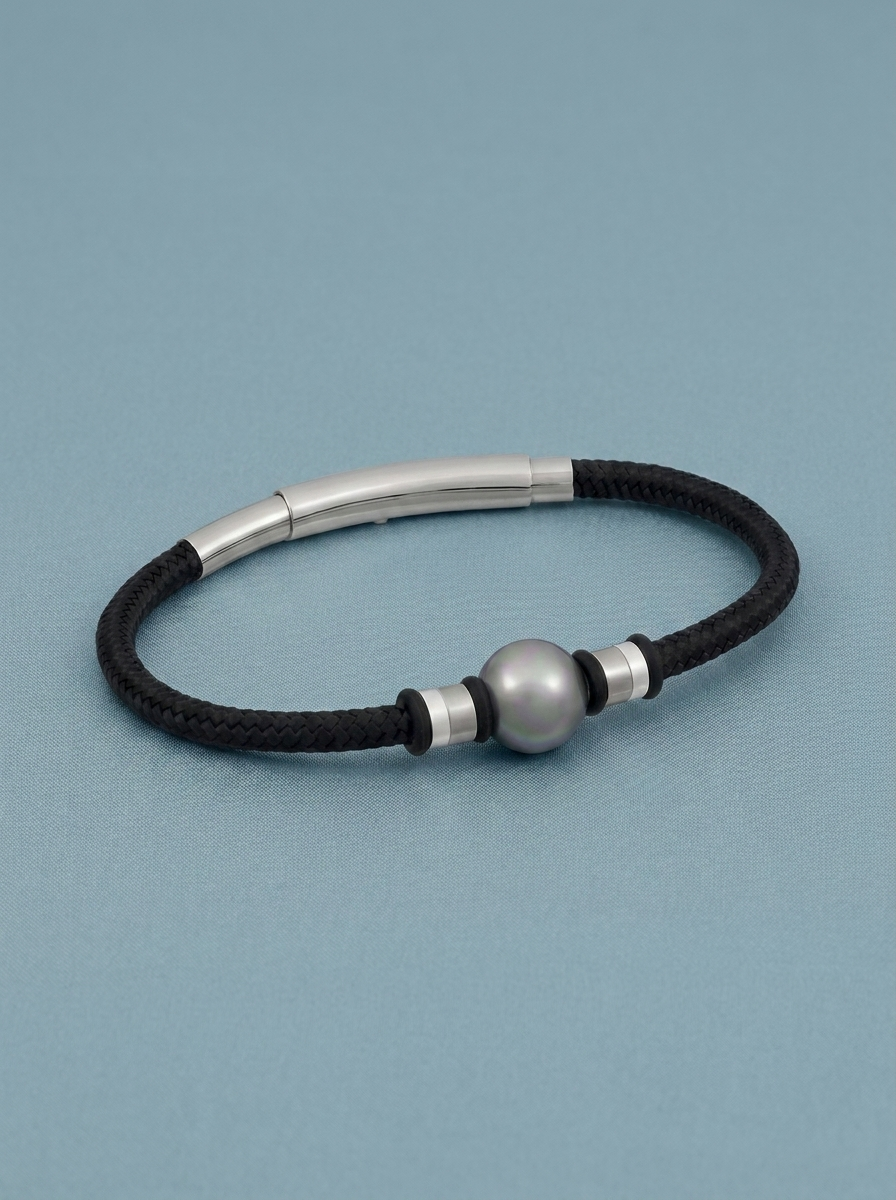 Black nautical cord bracelet with a grey pearl