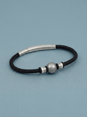 Black nautical cord bracelet with a grey pearl