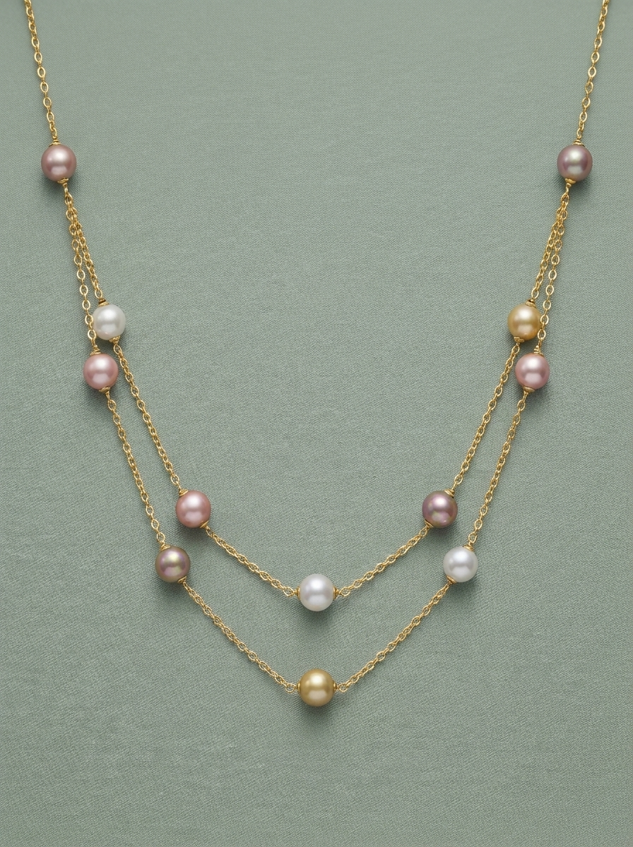 Halskette mit doppelter Goldkette und mehrfarbigen Perlen