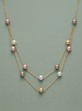 collaret de doble cadena daurada i perles multicolor 