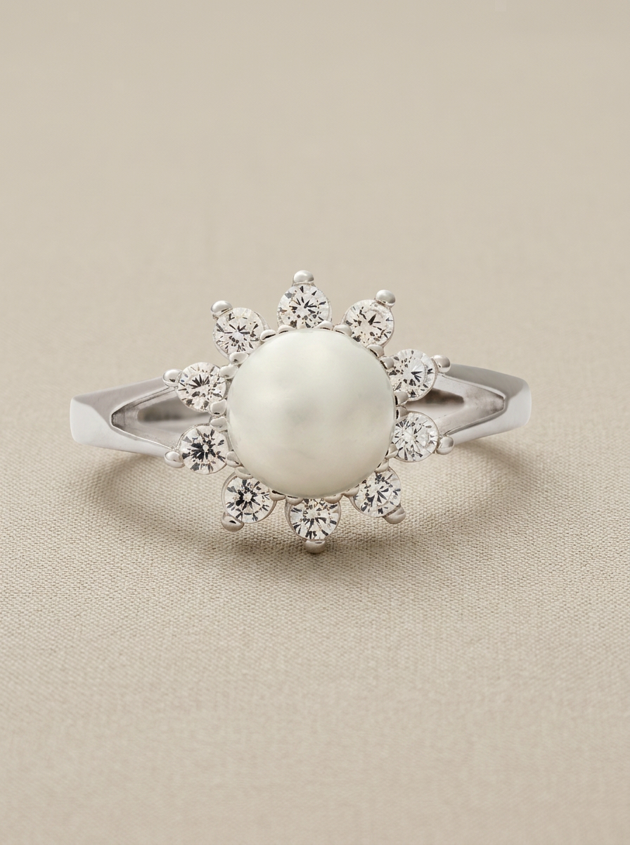 Close-up of a silver, pearl and cubic zirconia ring