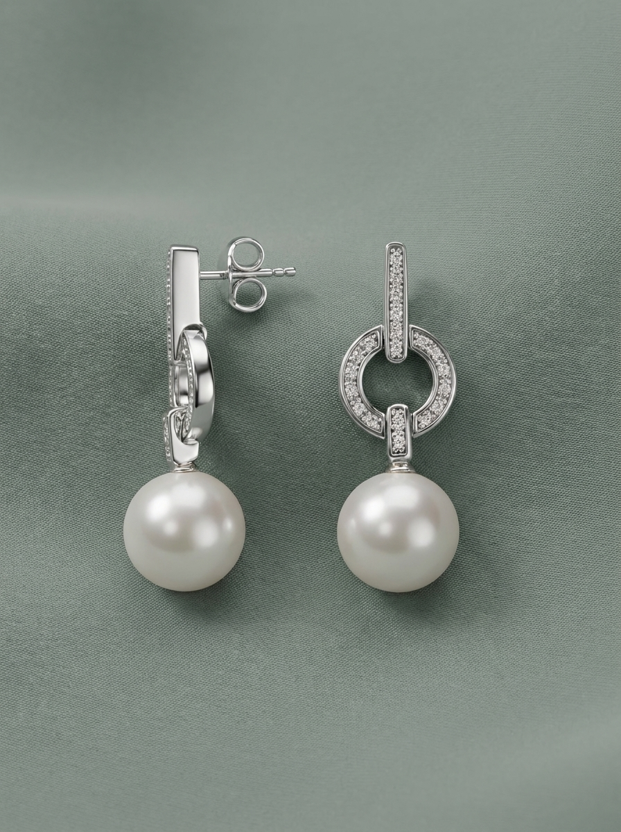 pendientes largos con perla de Mallorca y circonita en forma de aro