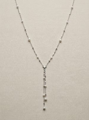 Long silver chain necklace with a pearl pendant