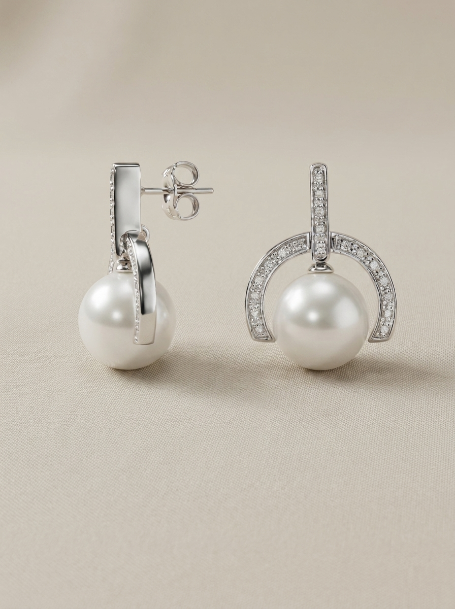 pendientes largos con perla y estructura semicircular de plata y circonita