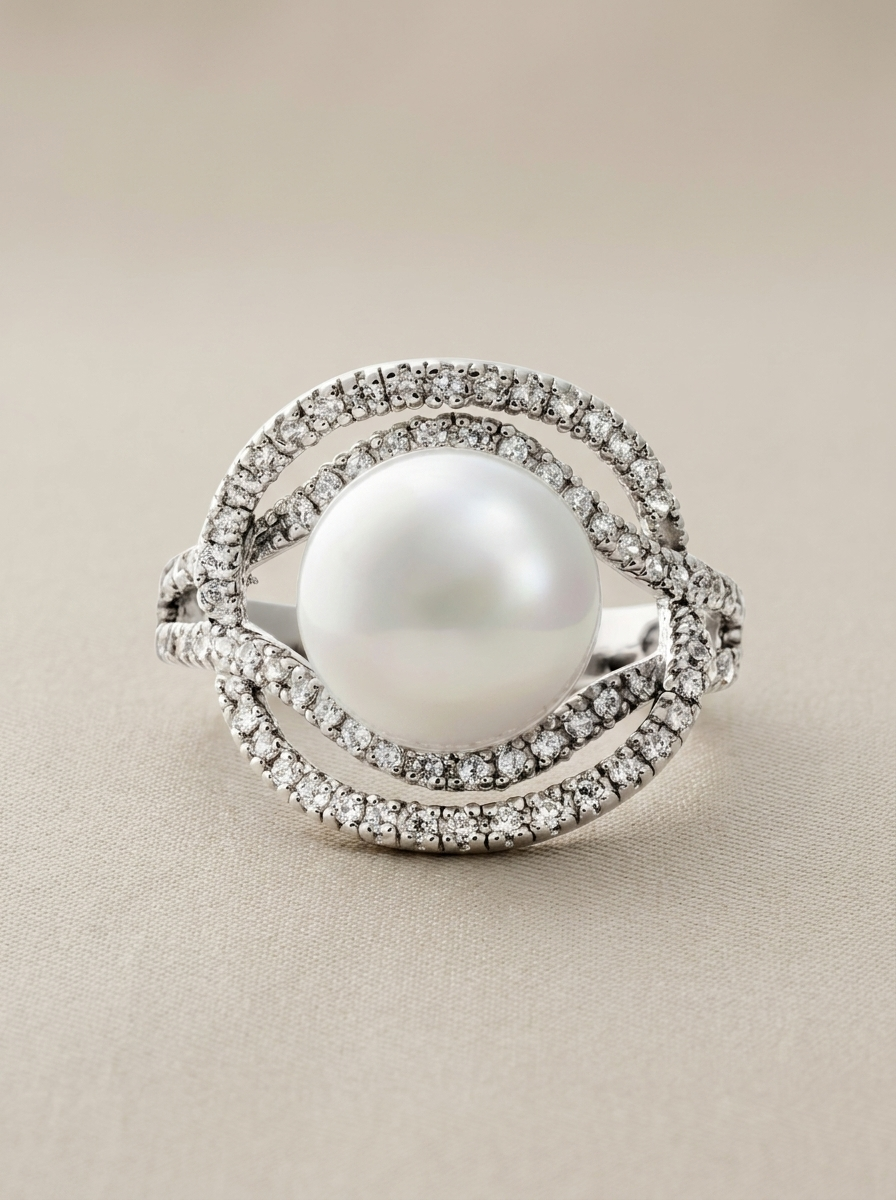 Close-up of a silver and pearl ring